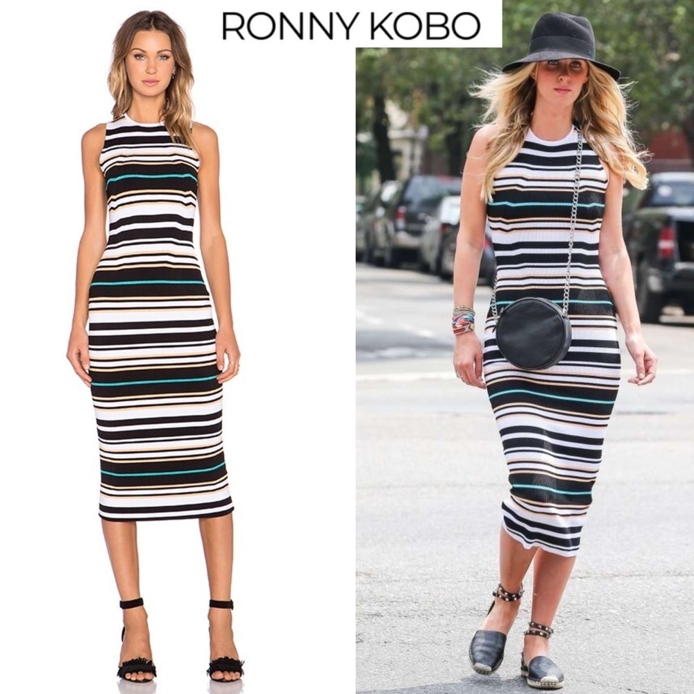 Ronny Kobo Janessa Striped Bandage Bodycon Midi Dress Sleeveless Ribbed Celeb XS